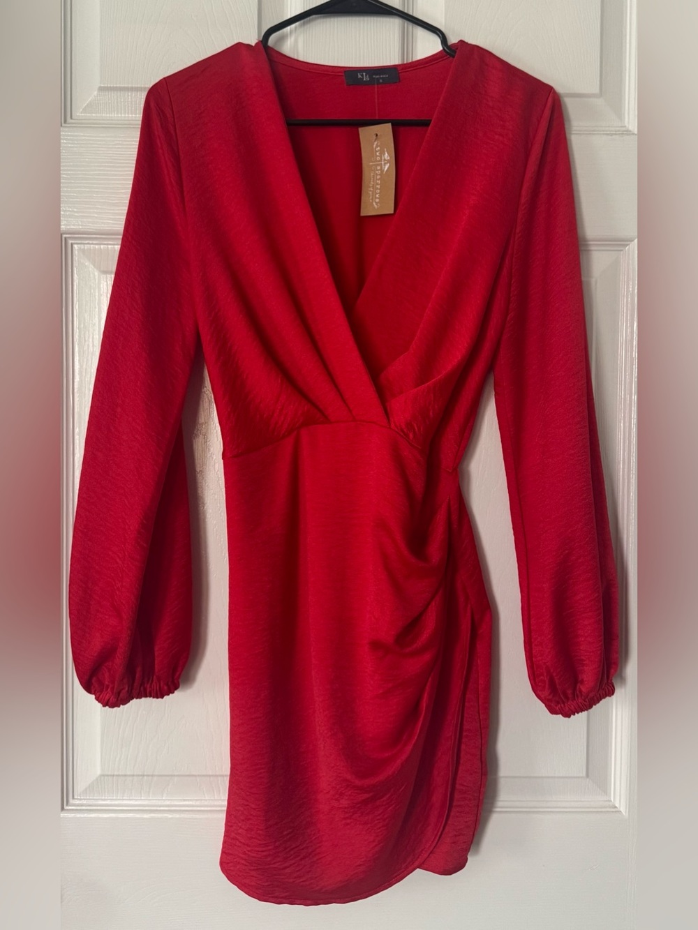 Red V-Neck Long Sleeve Wrap Mini Dress